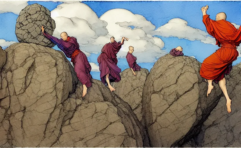 Prompt: a hyperrealist watercolour concept art of a group of grey monks levitating a huge rock in the air over their head. a large flat rock is in the sky. by rebecca guay, michael kaluta, charles vess and jean moebius giraud. high detail, hq, wide shot