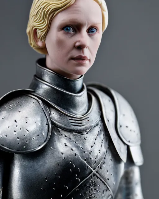 Image similar to portrait of a figurine of brienne of tarth from the fantasy series game of thrones. glossy. silver helmet, silver shoulder pads. shallow depth of field. suit of armor.