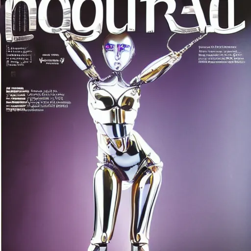 Image similar to a liquid metal robot is partially morphing into copy of actress in the magazine, realistic, detailed