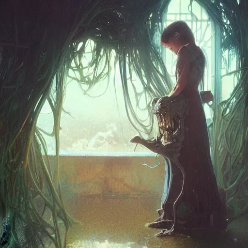 Prompt: an unimaginable artificial horror menacingly looms over a crouched, scared girl by stanley artgerm lau, greg rutkowski, thomas kindkade, alphonse mucha, loish, norman rockwell.