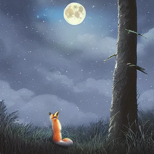 Image similar to “a fox sitting in the woods facing away, looking up at the night sky. The moon shines brightly. digital art, painting, highly detailed, hyper detailed, award winning”