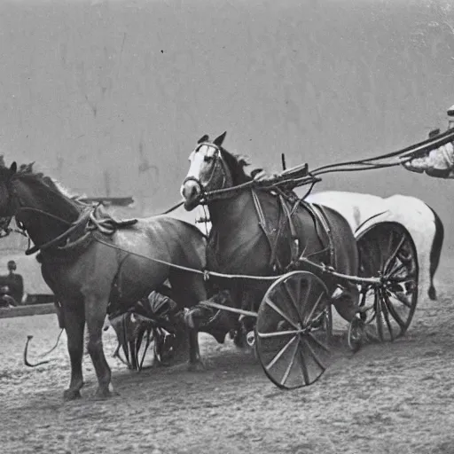 Image similar to a horse pulling a big canon behind his him. the canon is harnessed to the horse and towed