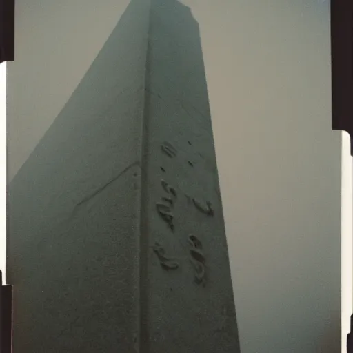 Prompt: very tall concrete sculpture reaching into the fog, expired film, old polaroid, night, megalophobia,