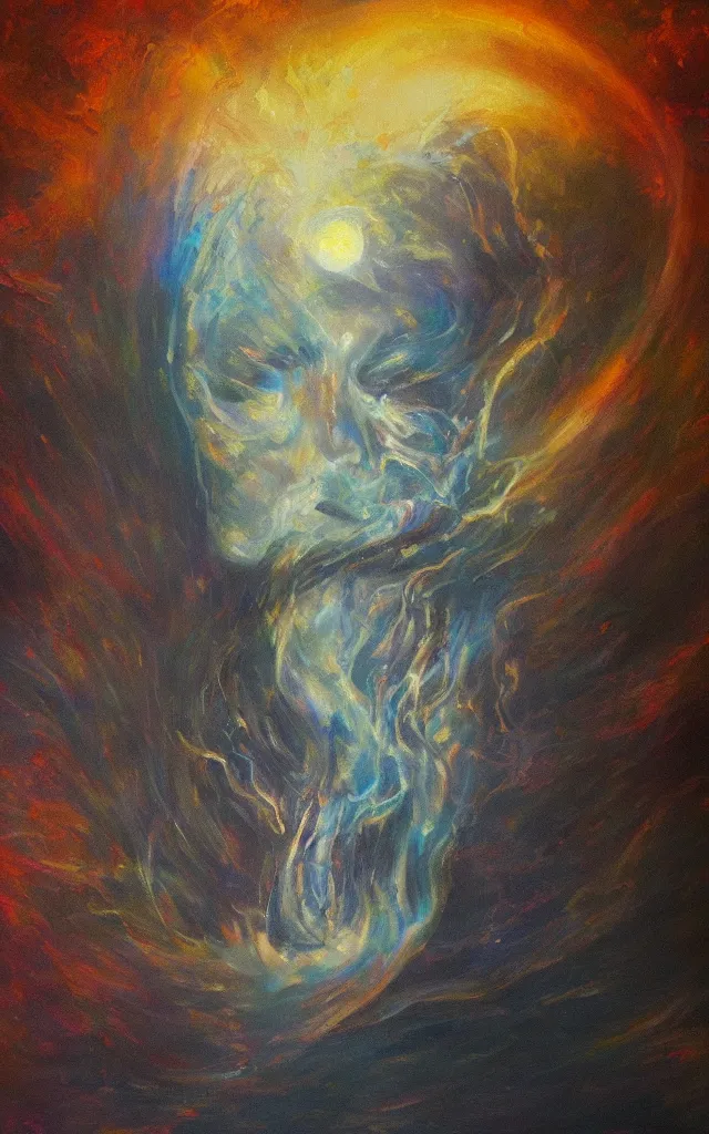 Prompt: iridescent spirit of wrath and fear cruel beautiful spirit with golden eye lunar mythos ambient fog, award winning oil painting, lunar color palette