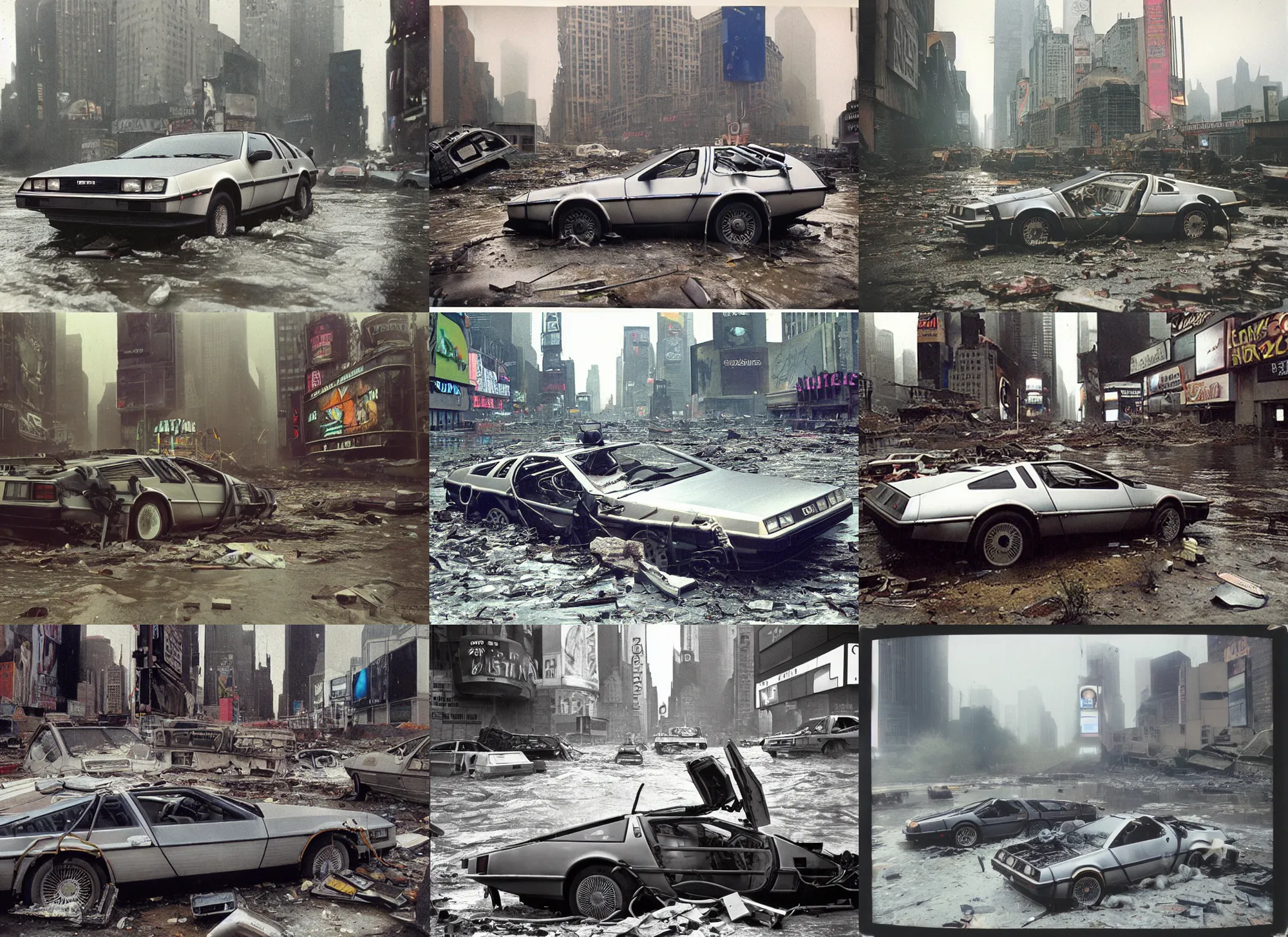 Prompt: faded photographs of delorean in postapocalyptic abandoned destroyed times square, wrecked buildings, destroyed flipped wrecked cars, flood pond water polaroid photo, vintage, 1 9 8 5, neutral colors, rainy day, by gregory crewdson
