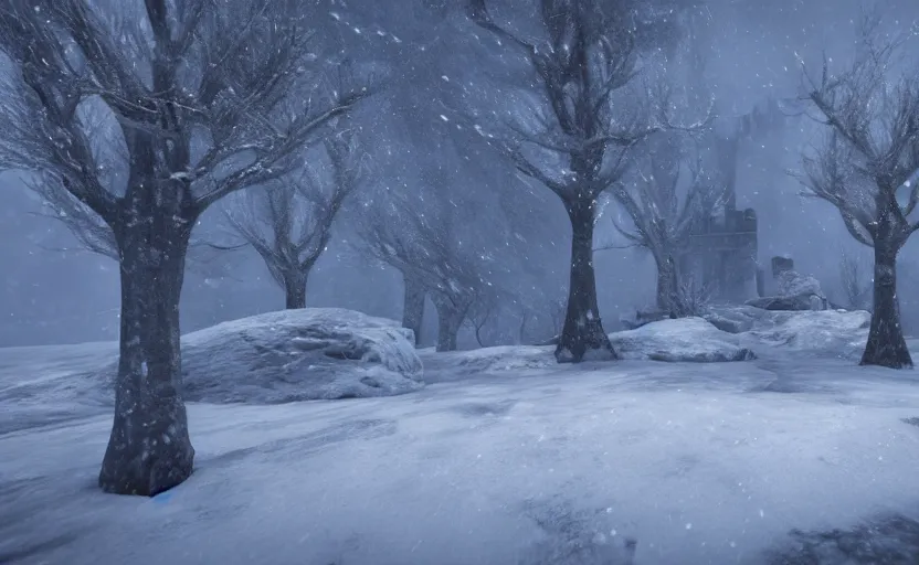 Image similar to winterfell in the snowstorm, doomy, Unreal Engine, cinematic photography, highly-detailed, games of thrones, HBO, high resolution, 8k, photorealistic, stunning volumetric lighting