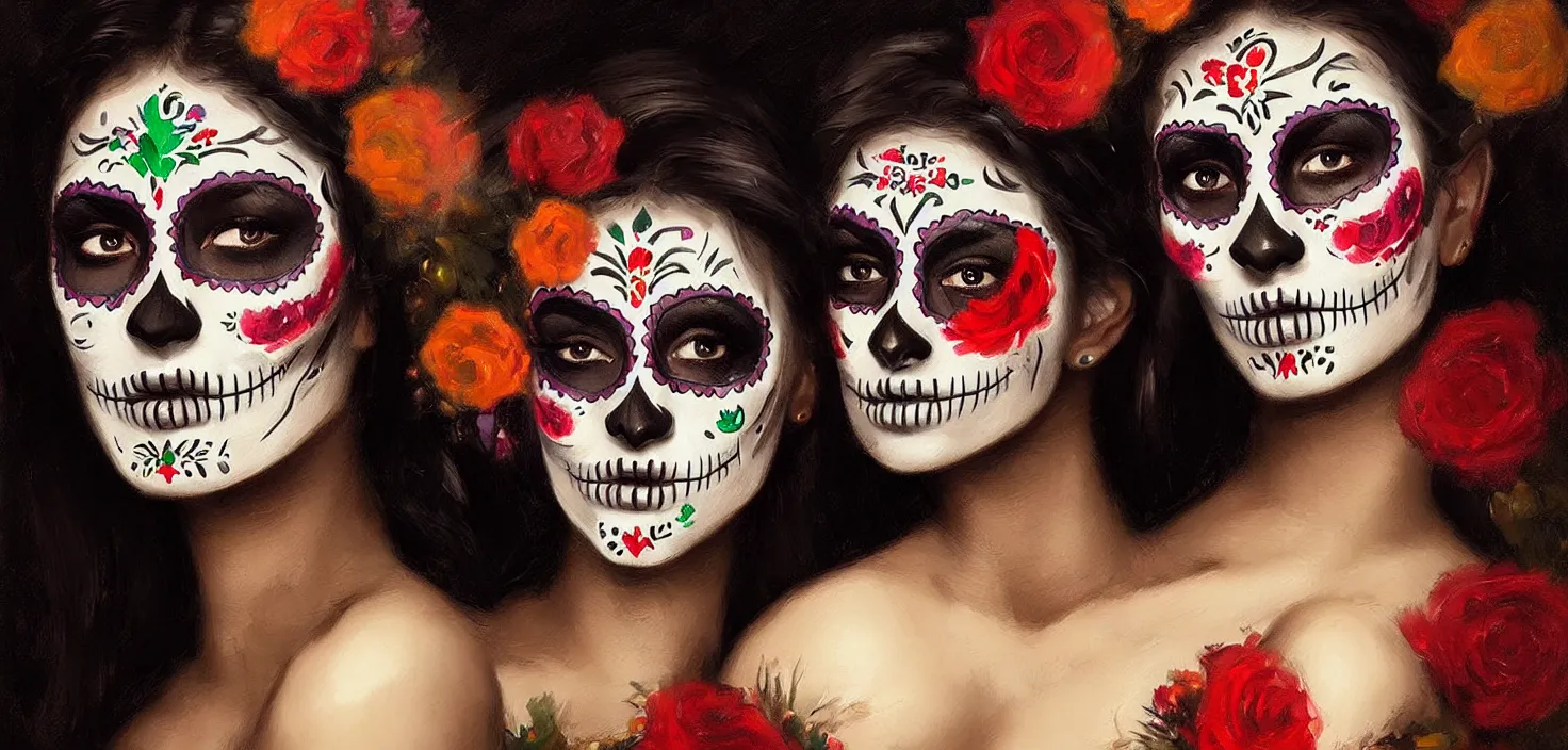 Prompt: mexican day of the dead beauty face, trending on artstation, greg rutkowski, john singer sargent, crop top, intricate