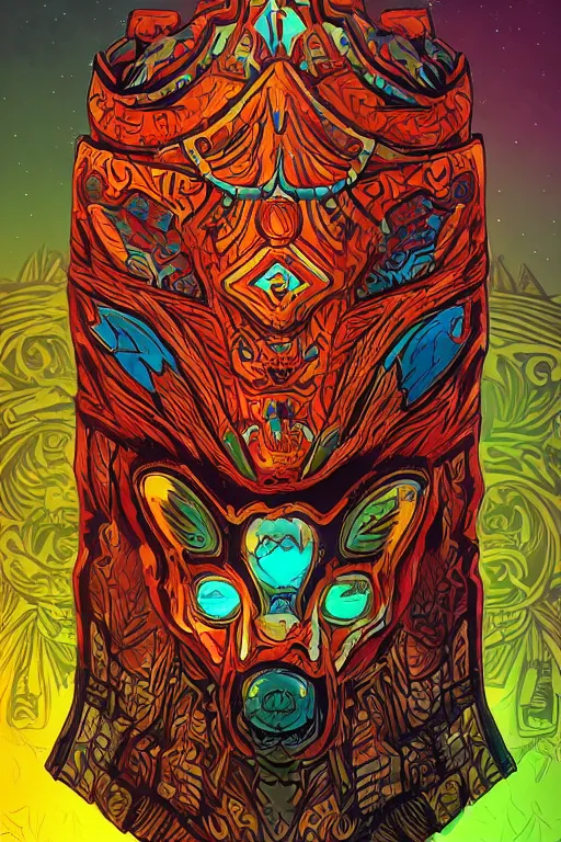 Image similar to totem animal tribal chaman vodoo mask feather gemstone plant wood rock video game illustration vivid color borderlands by josan gonzales and dan mumford radiating a glowing aura