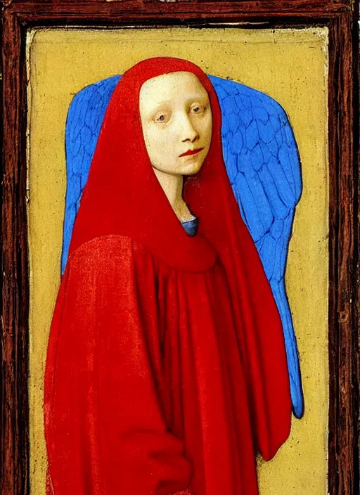 Image similar to Profile of Fallen Angel dressed in red, Medieval painting by Jan van Eyck, Johannes Vermeer, Florence