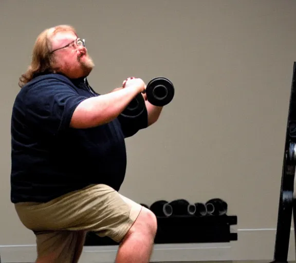 Image similar to gabe newell performing squats, award winning photograph by artie zeller