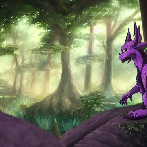 Image similar to concept art painting of a purple anime furry anthro dragon, in the deep forest, realistic, detailed, cel shaded, in the style of makoto shinkai and greg rutkowski and james gurney