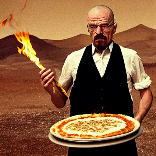 Prompt: a dramatic portrait of walter white making pizza with a blowtorch in the desert, in the style of Annie Leibovitz, Irving Penn, Hito Steyerl, Akira Kurosawa, Shinya Tsukamoto