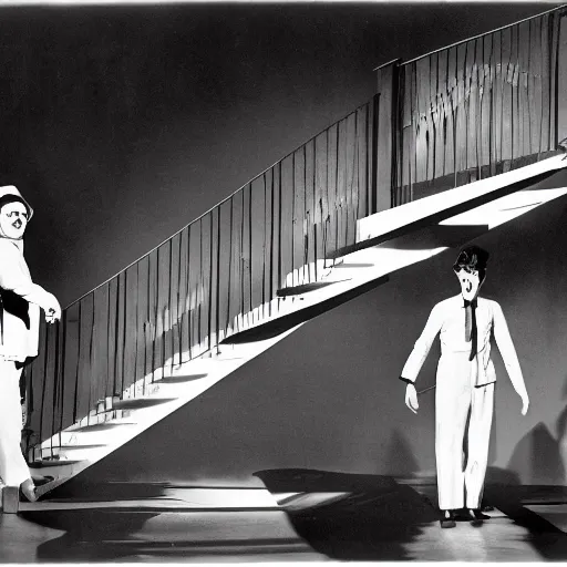 Image similar to Still of a remake of Dr. Caligari as a musical comedy starring Gene Kelly. Large Broadway set with a staircase. Expressionist angle. Technicolor, cinematic