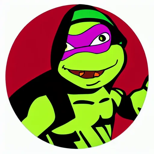 Image similar to svg sticker art of a teenage-mutant-ninja-turtle, flying towards the camera armed with nun-chucks