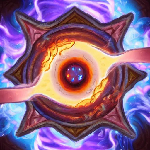 Image similar to giant eye magic spell casting surrounded by magic smoke with some floating magic cards in front of the eye, hearthstone coloring style, epic fantasy style art, fantasy epic digital art