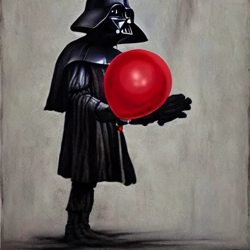 Prompt: grunge painting of darth vader with a wide smile and a red balloon by chris leib, loony toons style, pennywise style, corpse bride style, horror theme, detailed, elegant, intricate