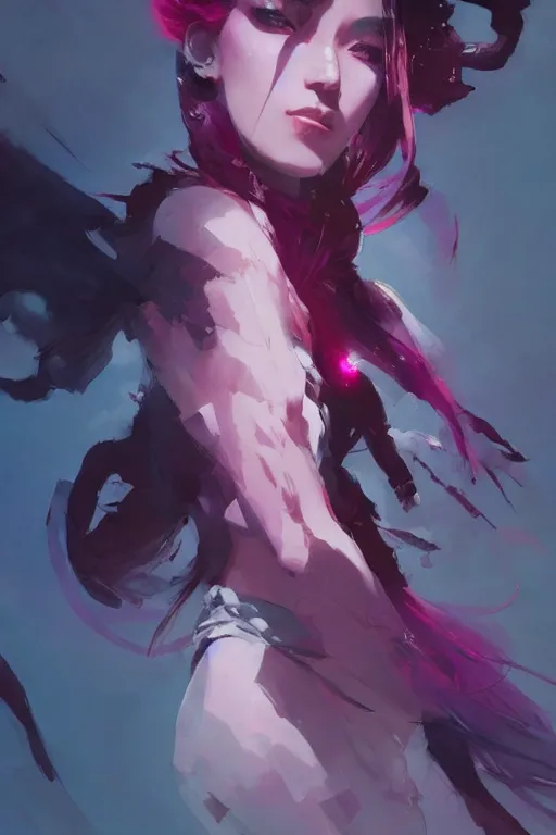 Image similar to A beautiful goddess, with shoulder length mid-length magenta hair, dramatic lighting, dramatic atmosphere, subtle and detailed, by Dustin Nguyen, Akihiko Yoshida, Greg Tocchini, Greg Rutkowski, Cliff Chiang, 4k resolution, heavy contrast, trending on artstation