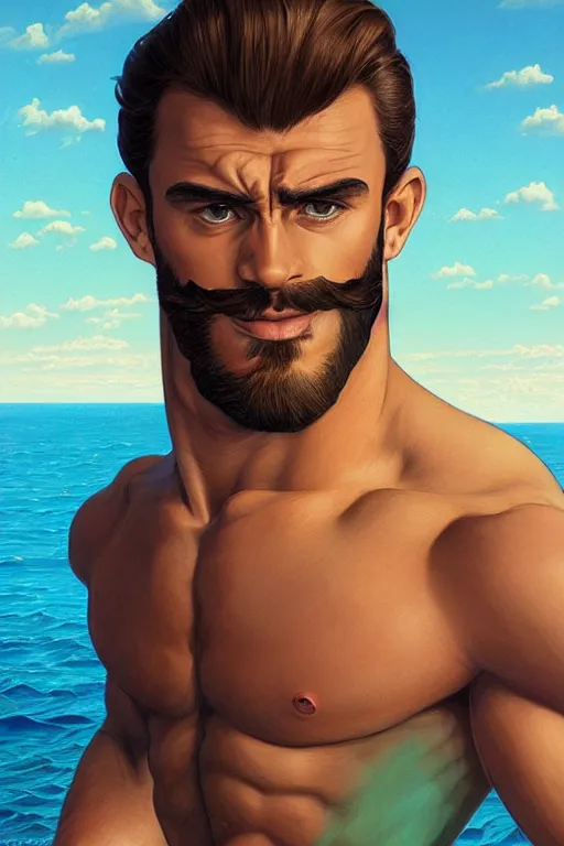 Image similar to gigachad bodybuilder luigi at the ocean by ilya kuvshinov, ernest khalimov body, super mario bros symmetrical face concept art, hyper realistic, intricate, elegent, highly detailed, digital painting, concept art, smooth, sharp, focus, illustration, art by artgerm and greg rutkowski and alphonse mucha, artstation