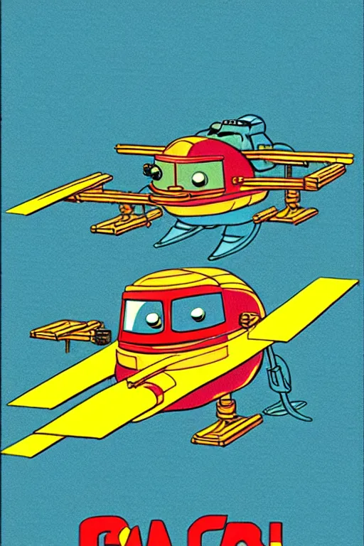 Image similar to by richard scarry. a platypus driving an x - wing. a 1 9 5 0 s retro illustration. studio ghibli. muted colors, detailed