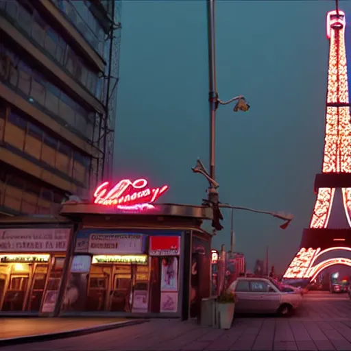 Image similar to A beautiful intricate 8K award-winning ground-level cinematic movie photograph of the future destroyed and decaying neon Eiffel Tower surrounded by corporate billboards. in the year 2043, by Bruno Delbonnel and greg rutkowski. Arri Alexa 65, IMAX 70mm footage. Dirty billboards. Cinematic lighting