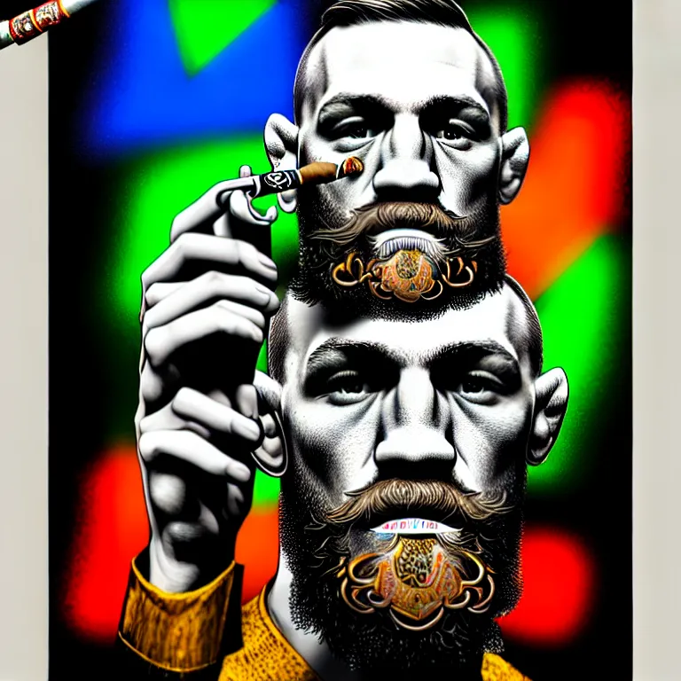 Image similar to a intricately detailed portrait of conor mcgregor smoking a lit cigar in an irish pub with a neon bar, smoke rising like clouds, balanced, trending on art station, volumetric lighting & shadows, hyper detailed, digital art, unreal engine, 4 0 0 mm f 1. 8,