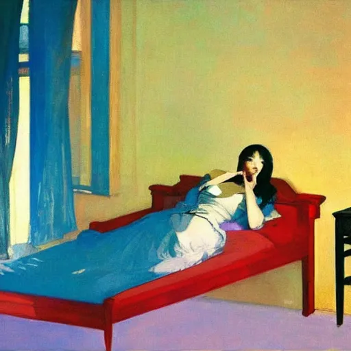 Prompt: a woman sleeps in levitation above her bed vibrant by akihiko yoshida and edward hopper 1 2 3 4 5 6