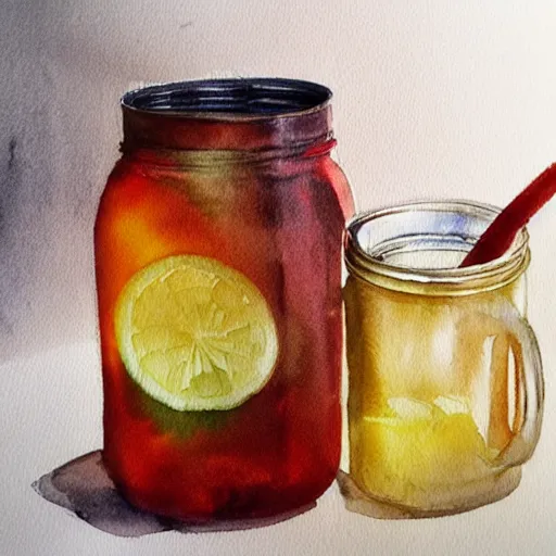 Prompt: Ice Tea in a mason jar, Watercolor, photorealistic, high resolution, award winning, trending on artstation, art by artgerm