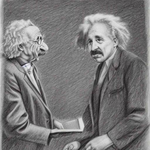 Prompt: Einstein and Newton speaks each other on a topic, pencil drawing, ultra detailed