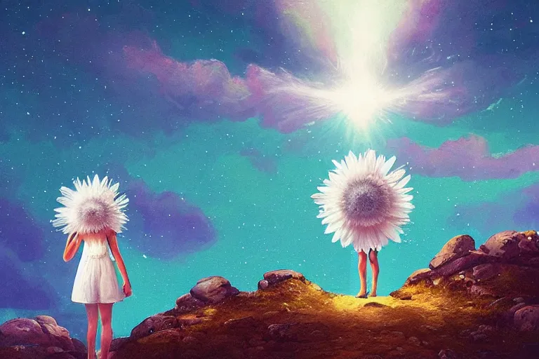 Image similar to giant white daisy flower over head, girl standing on rocky cliff, surreal photography, super nova, milky way, dramatic light, impressionist painting, colorful clouds, digital painting, artstation, simon stalenhag