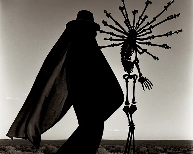 Prompt: by bruce davidson, by andrew boog faithfull redscale photography evocative. a beautiful kinetic sculpture of a skeleton creature, with a long black cape and a revolver standing in front of a desert mesa.