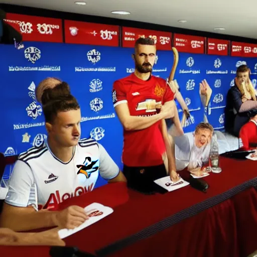 Prompt: BBC Sports photograph of a Manchester United press conference introducing their new signing, a ghost