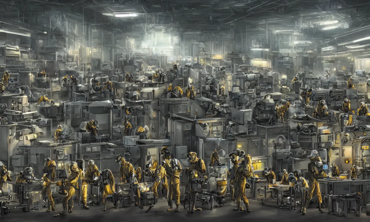 Image similar to epic scenic shot, highly detailed weapons laboratory, clean and organized, quantum technology, bright lights, warehouse, with anthropomorphic furry researchers in military uniforms and hazmat suits, carrying guns, tables, parts, gun scraps, windows, sci fi, Extremely detailed digital art, furry art, furaffinity, DeviantArt, HD artstation