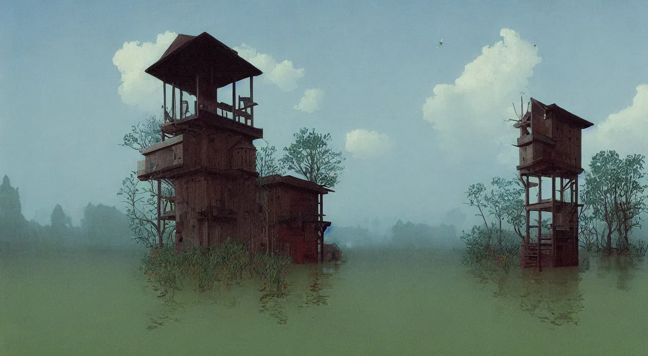 Image similar to single flooded simple wooden bush tower, very coherent and colorful high contrast!! masterpiece by rene magritte simon stalenhag carl spitzweg syd mead norman rockwell edward hopper james gilleard, minimalist, dark shadows, sunny day, hard lighting