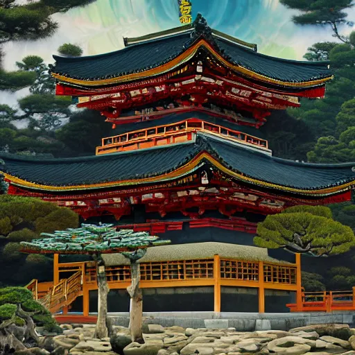 Image similar to traditional shinto temple with bonsai trees, bizzaro, baroque, renaissance, by emedios varo and anato finnstark and fenghua zhong, hyperrealism, 4 k 8 k, 3 d, hyperrealism, masterpiece, texture, captivating, awe inspiring