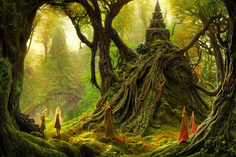 Prompt: a beautiful and highly detailed digital painting of a beautiful elven monument in a dreamy forest in the mystical mountains, psychedelic patterns, intricate details, epic scale, 8 k, sharp focus, photorealism, artstation, cgsociety, by caspar friedrich, albert bierstadt, james gurney, brian froud,