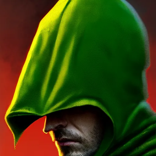 Image similar to portrait of a chad programmer with green hood by greg rutkowski, 4 k, close up