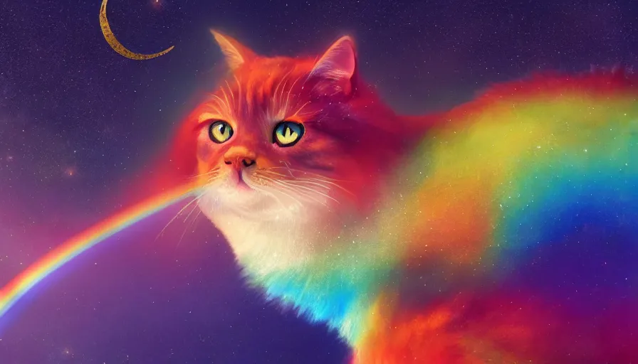 Prompt: shiny rainbow cat looking at the stars, sitting on rooftop, gold moon, hyperdetailed, artstation, cgsociety, 8 k