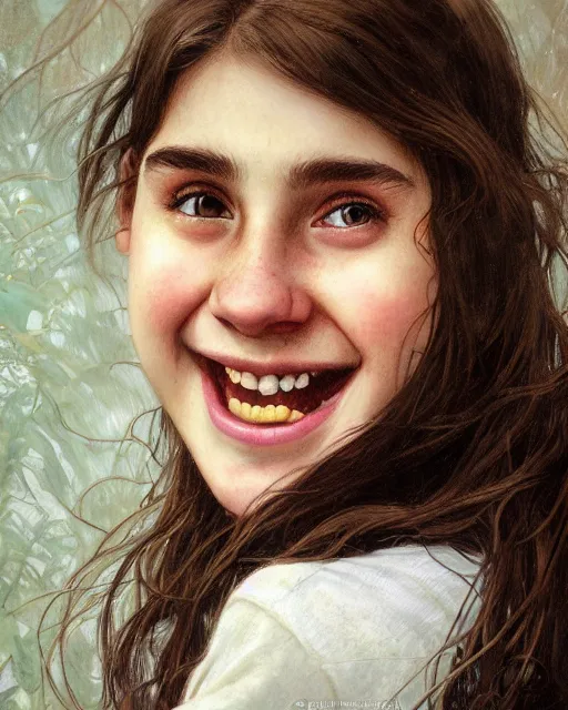 Prompt: close up portrait of 1 5 - year - old girl, smile with large front teeth, hermione, very bushy brown hair, and very bright brown eyes, wearing white shirt, hyper realistic face, beautiful eyes, close up, fantasy art, in the style of greg rutkowski, intricate, alphonse mucha, hyper detailed, smooth