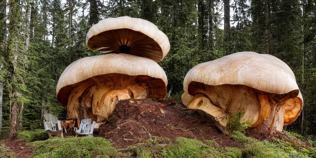 Prompt: cozy residence made from an enormous amantia mushroom, pacific northwest