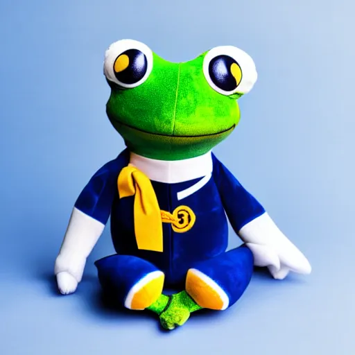Image similar to cute plushie frog wearing a sailor suit, studio photography,