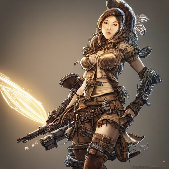 Image similar to the portrait of lawful neutral semi - colorful female infantry gunner as absurdly beautiful, gorgeous, elegant, young gravure idol, an ultrafine hyperdetailed illustration by kim jung gi, irakli nadar, intricate linework, bright colors, octopath traveler, final fantasy, unreal engine 5 highly rendered, global illumination, radiant light, detailed and intricate environment