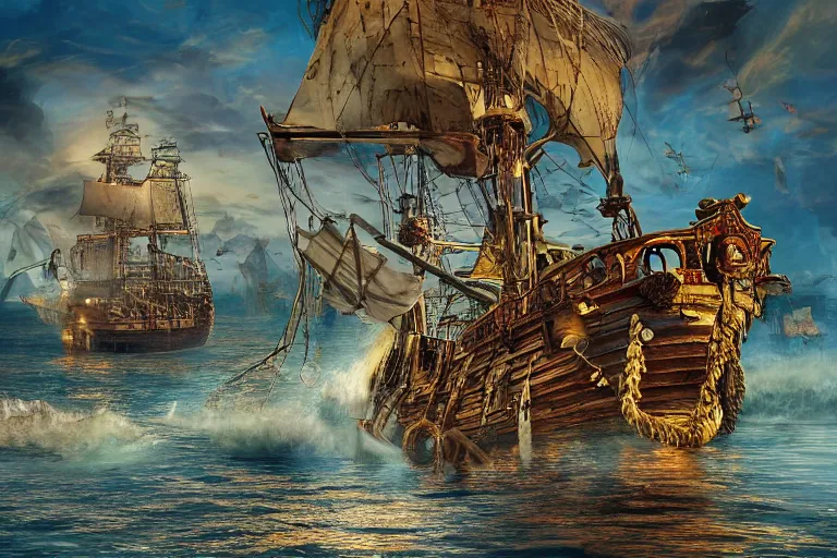 Image similar to A pirate city hauled across the oceans... A hidden miracle about be revealed... These are the ingredients of an astonishing story. It is the story of a prisoner's journey. Photo-realistic UHDR, hyperrealism, highly detailed, cinematic, luminescence, 32k, iridescence, high contrast, intricate, mystery, epic, fantasy