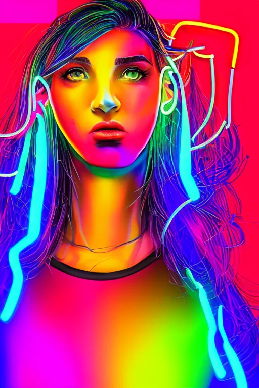 Image similar to a award winning half body portrait of a beautiful woman with stunning eyes in a croptop and cargo pants with rainbow colored ombre hairstyle head in motion and hair flying by thomas danthony, outlined by whirling illuminated neon lines, outrun, vaporware, shaded flat illustration, digital art, trending on artstation, highly detailed, fine detail, intricate