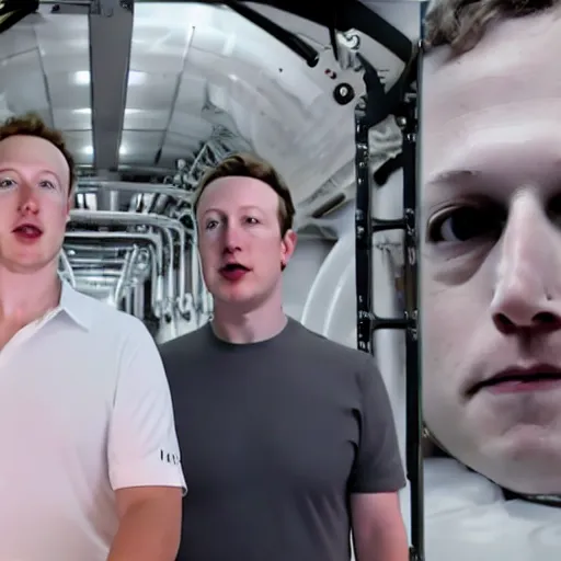 Prompt: elon musk showing mark zuckerberg mark's long last eyebrows. cinematic 8 k, depth of field