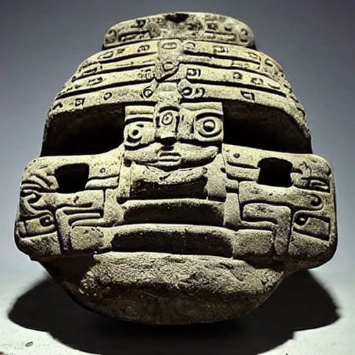 Prompt: this ancient mayan artifact found in a drug lord's garage baffles archeologists