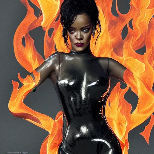 Prompt: a portrait of rihanna wearing a latex bodysuit standing in front of a burning down house. she's holding a flaming torch. exquisite details. photorealistic.