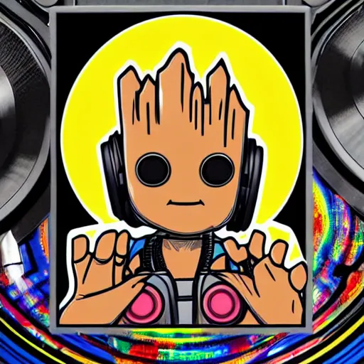 Image similar to svg sticker of a Pop-Wonder Groot-Marvel-Avenger at a rave, spinning records, giant headphones rocking out, wearing headphones, huge speakers, dancing, rave, DJ, spinning records, digital art, amazing composition, rule-of-thirds, award-winning, trending on artstation, featured on deviantart