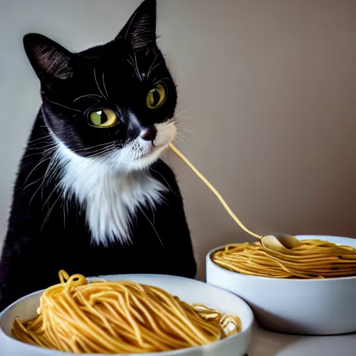Prompt: a photo of a cat wearing a suit eating spaghetti on a table, DSLR photography