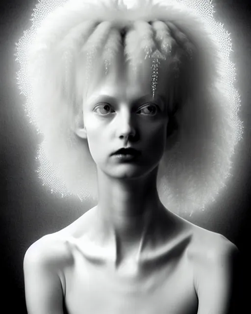 Image similar to dreamy foggy soft luminous bw art photo taken in 2 1 0 0, beautiful spiritual angelic biomechanical mandelbrot fractal albino girl cyborg with a porcelain profile face, very long neck, halo, white smoke atmosphere, rim light, big leaves and stems, fine foliage lace, alexander mcqueen, art nouveau fashion pearl embroidered collar, steampunk, elegant