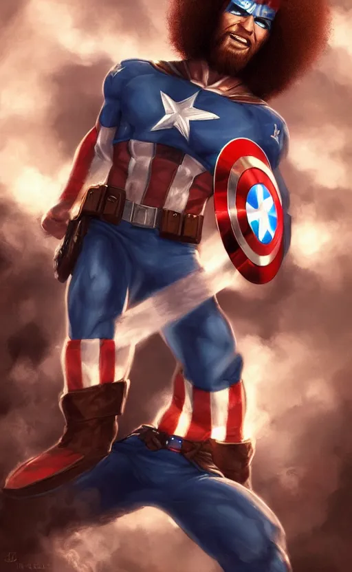 Image similar to bob ross as captain america, dynamic lighting, cinematic, ultra detailed, trending on art station, stunning visuals, creative, fantasy concept art